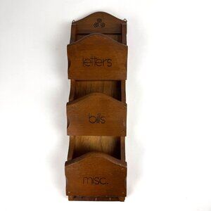 Vintage 3 Tier Wood Wall Organizer Letter Mail Bill Keys Holder